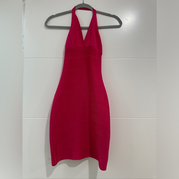 Herve Leger hot pink halter bandage mini dress formal cocktail designer luxury M - Picture 9 of 12
